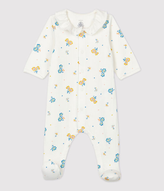 Babies' Floral Organic Cotton Velour Sleepsuit with Collar MARSHMALLOW white/MULTICO white